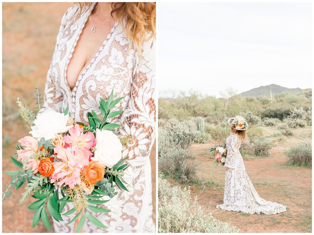 Bohemian Desert Love Elopement Inspiration Mesa Arizona, Styled Shoot, Desert Green, Orange, Peach, Earth Tones, Arizona Weddings