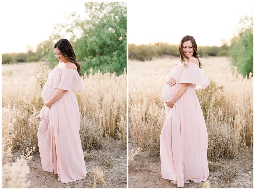 Summer Sunset Maternity Photography, Arizona Maternity Photographer, Blush pink maternity session, light and airy maternity photographer