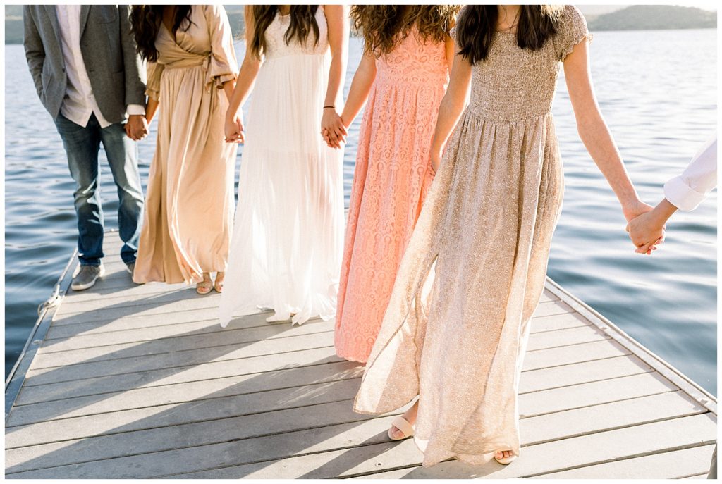 flowy dresses in neutral tones for lakeside family photos in arizona