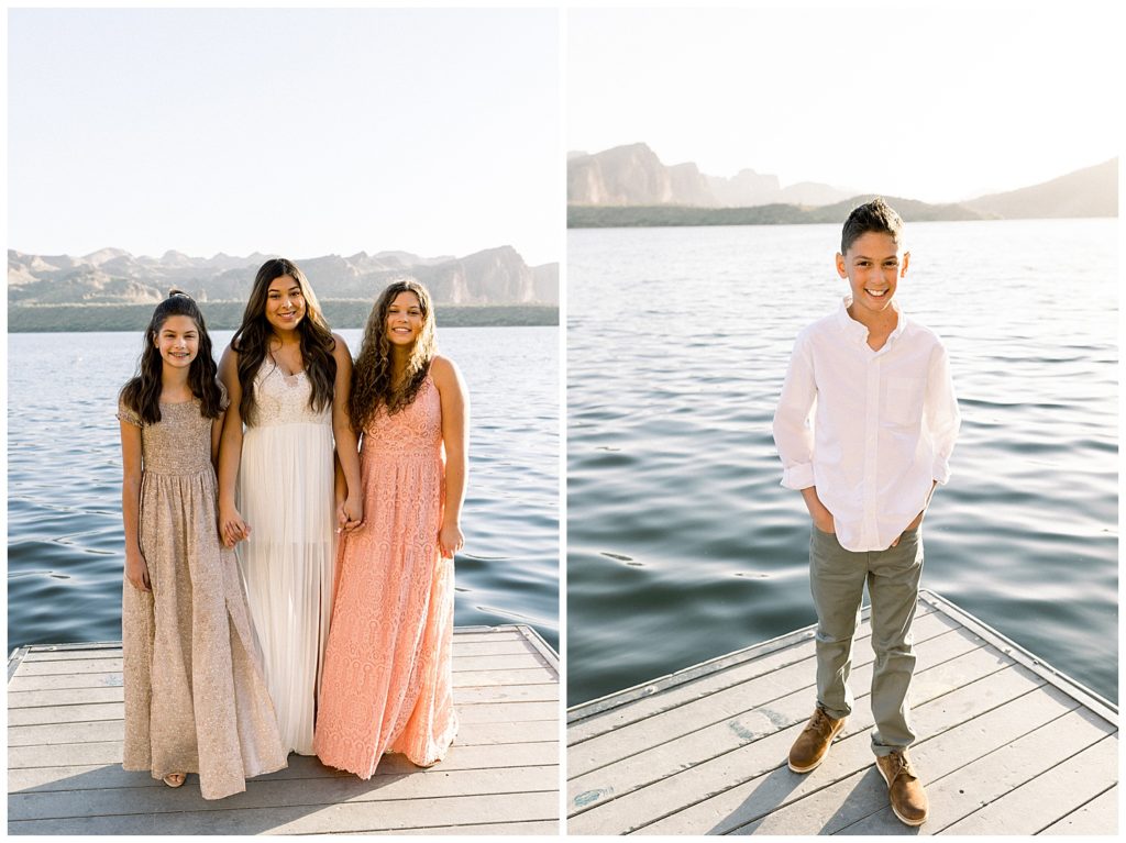 light and airy lakeside family photos, neutral outfits by the lake