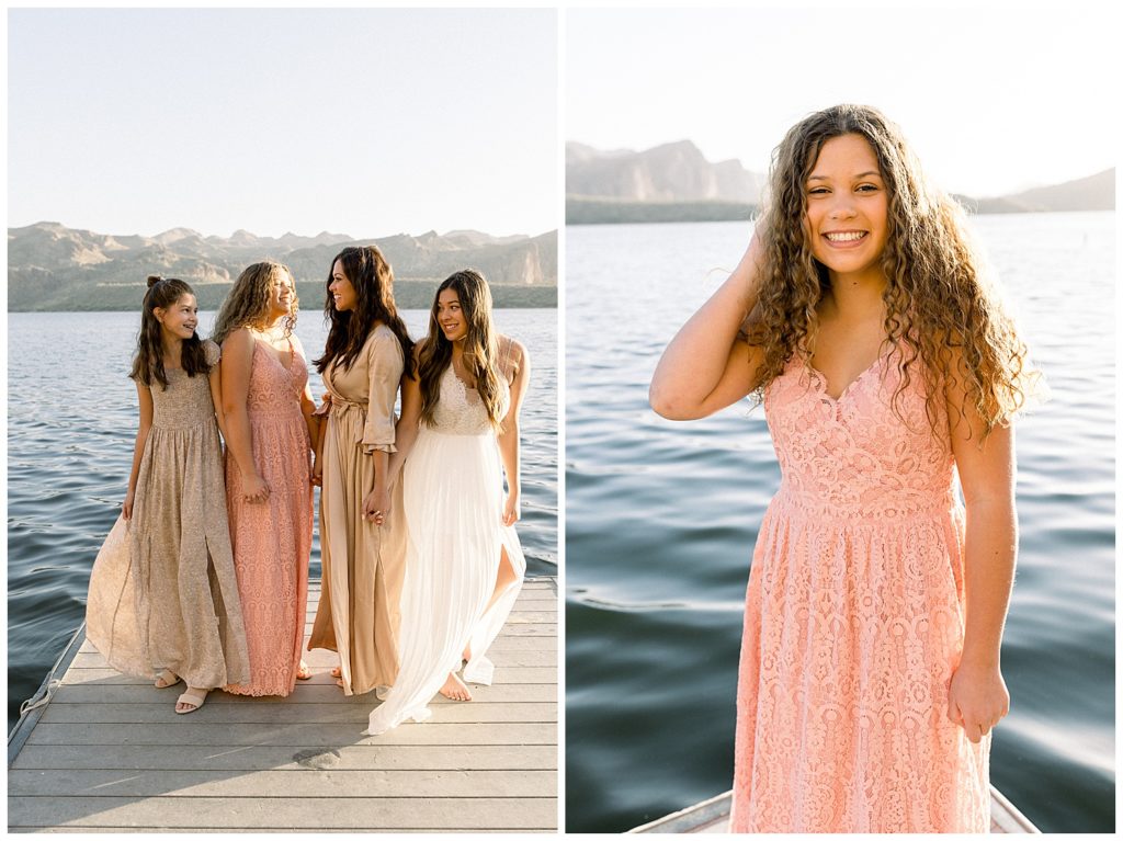 Family photos in arizona by the lake, neutral outfits