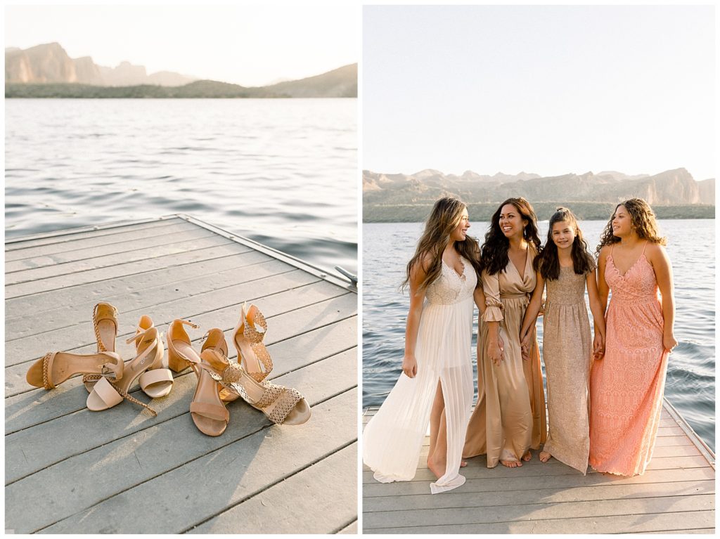 flowing dresses in neutral colors for family photos by the lake in arizona