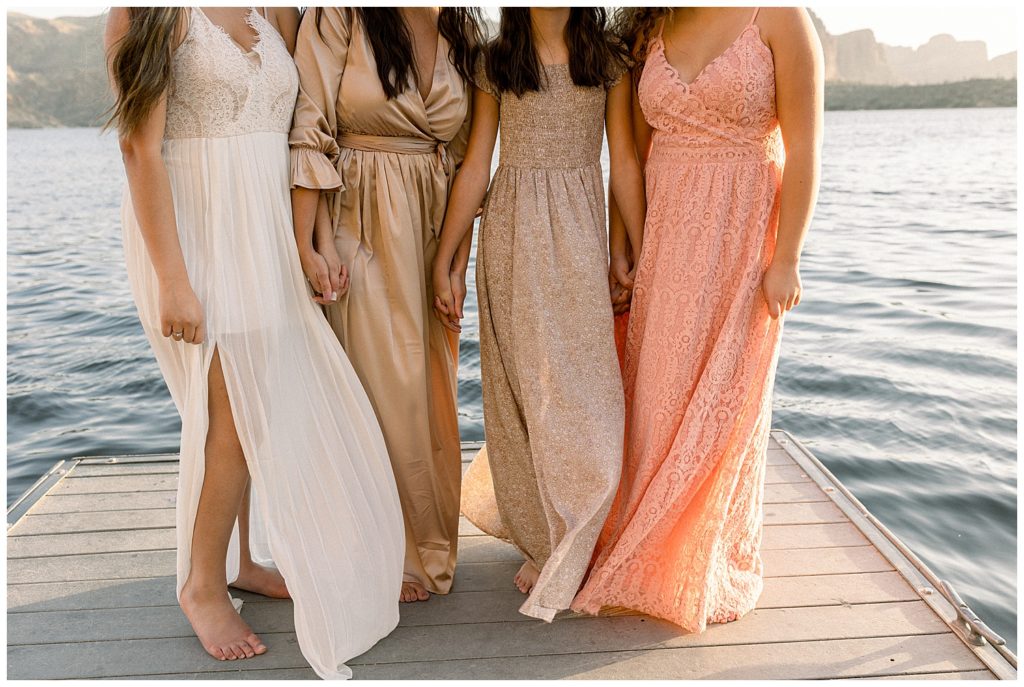 flowing dresses in neutral color tones work perfect for photos by the lake 
