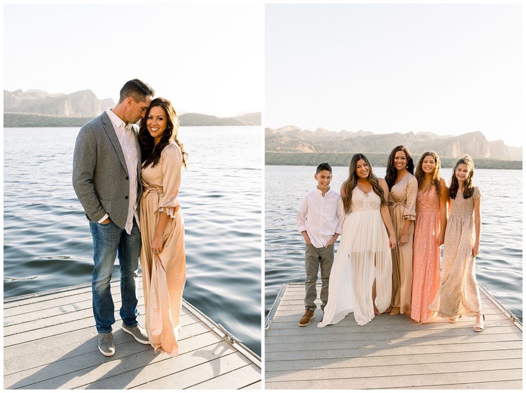 family photo outfits in neutral tones for arizona lakeside session