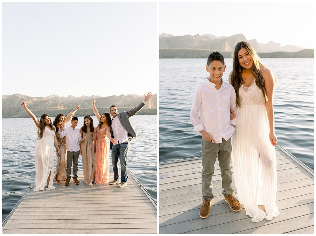 coordinating for family photos, neutral palette by the lake in arizona