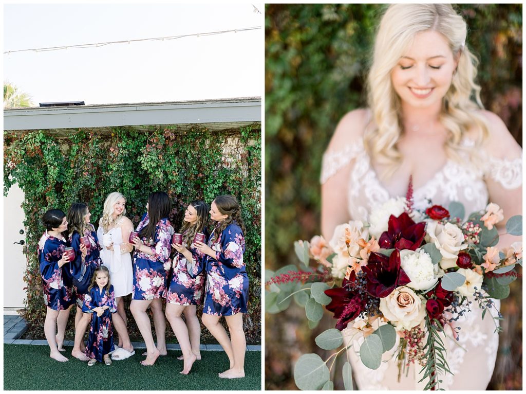 Bridesmaids in Robes with Drinks, Cheers with Bridesmaids, Floral Details of Arizona Wedding at Gather Estate, Arizona Elopement Photographer