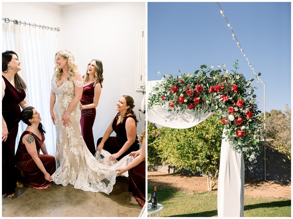 Floral Wedding Arch Decor at Gather Estate, Bride getting ready with bridesmaids in bridal suite, Arizona Elopement Photographer