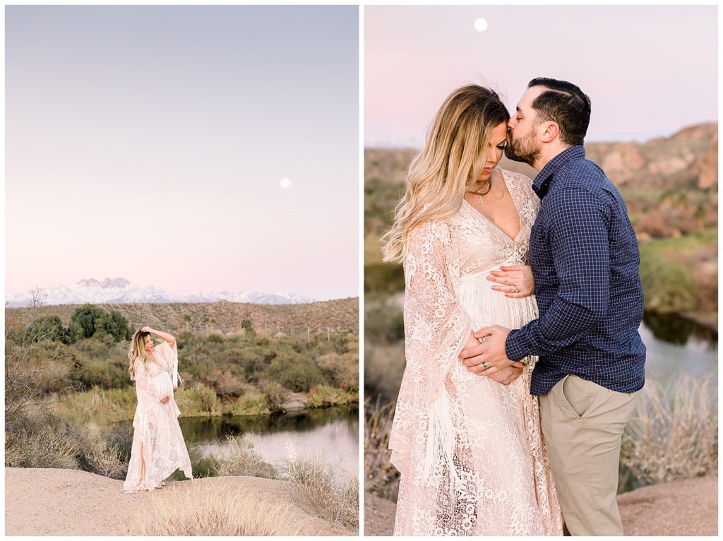 Winter Maternity Session with snowy mountains and full moon at Salt River, Arizona Maternity Photographer, Flutter Dress