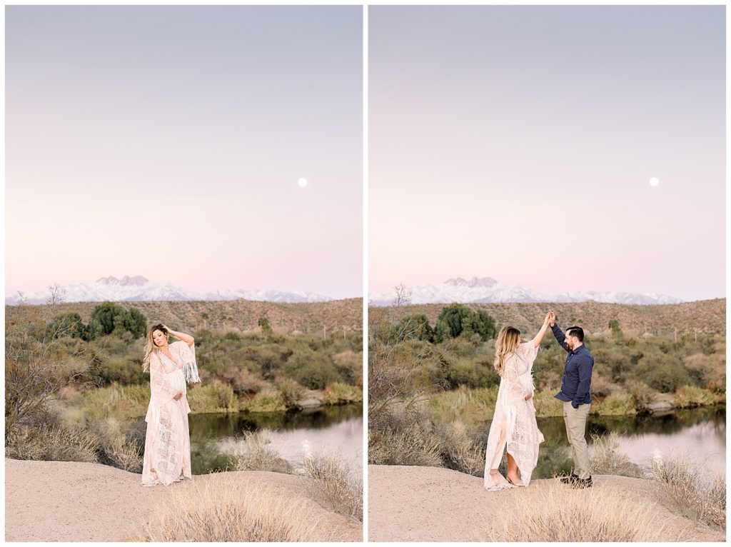 Arizona Winter Maternity Session with snow, salt river maternity session, flutter dress
