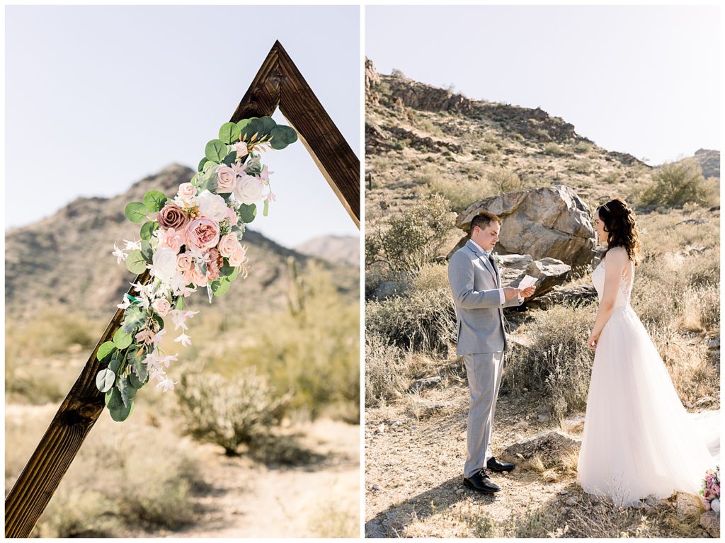 Desert Elopement in Arizona, first look in the desert with vow exchange, floral triangle arch details