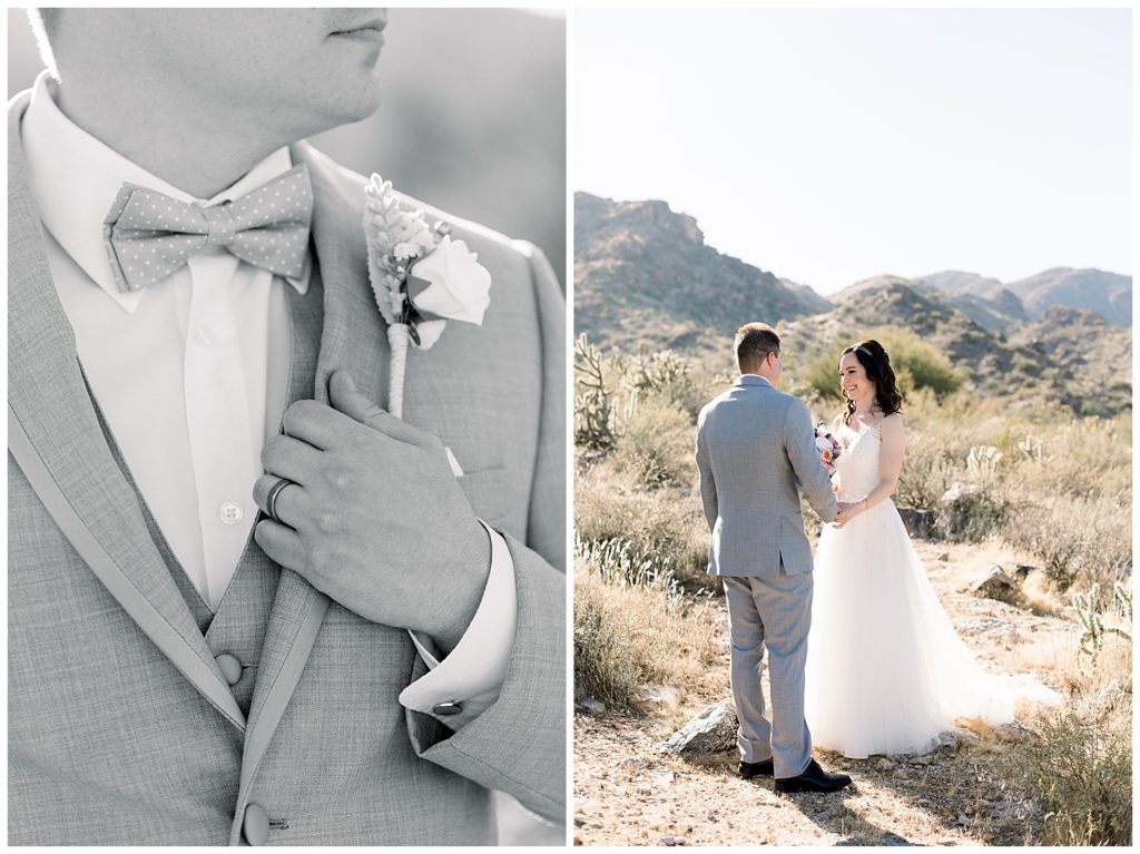 Desert Elopement in Arizona, reading vows during first look, groom details