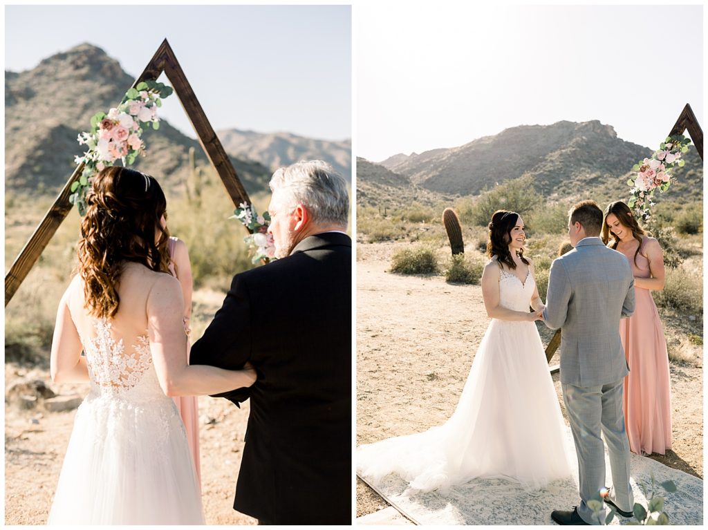 Light and airy desert elopement in arizona, triangle arch