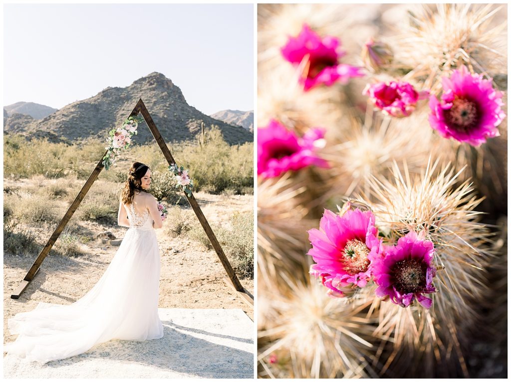 Spring in the desert, Arizona Elopement, floral triangle arch