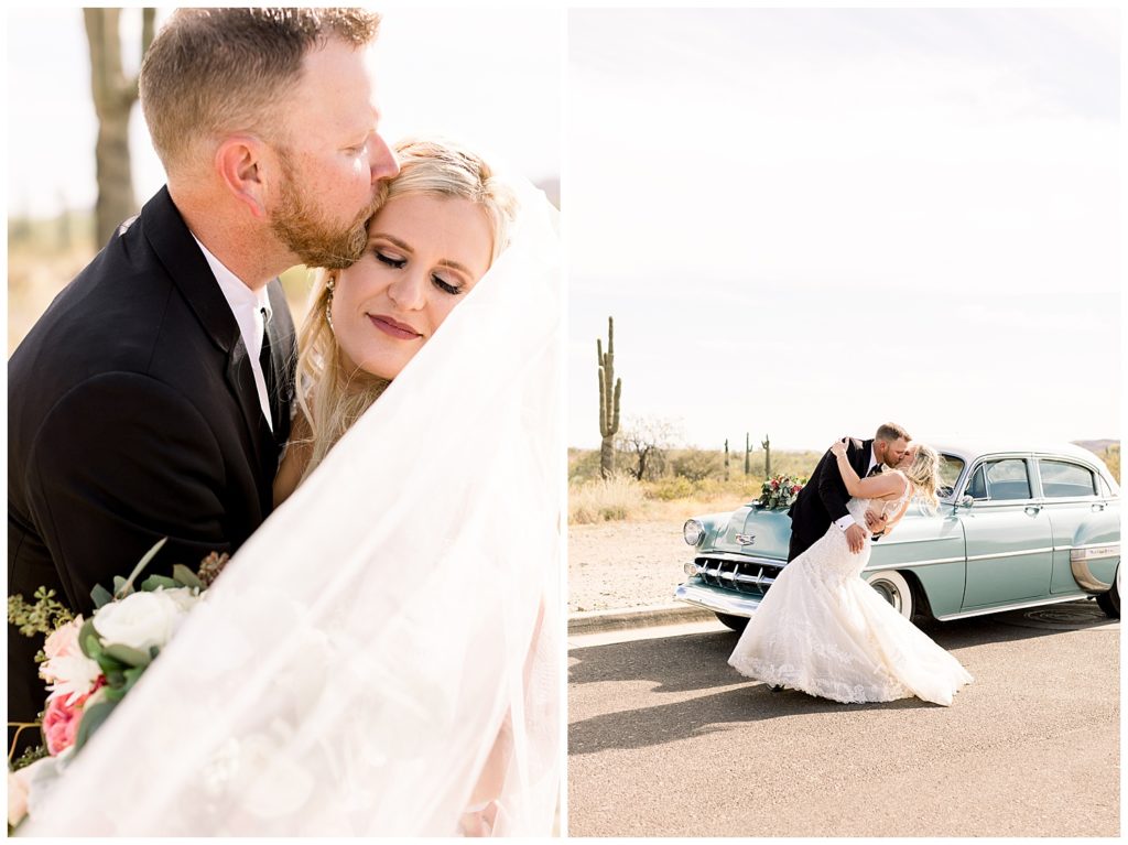 Wedding Portraits in the Desert with Roscoe and Louie classic Chevy Bel Air
