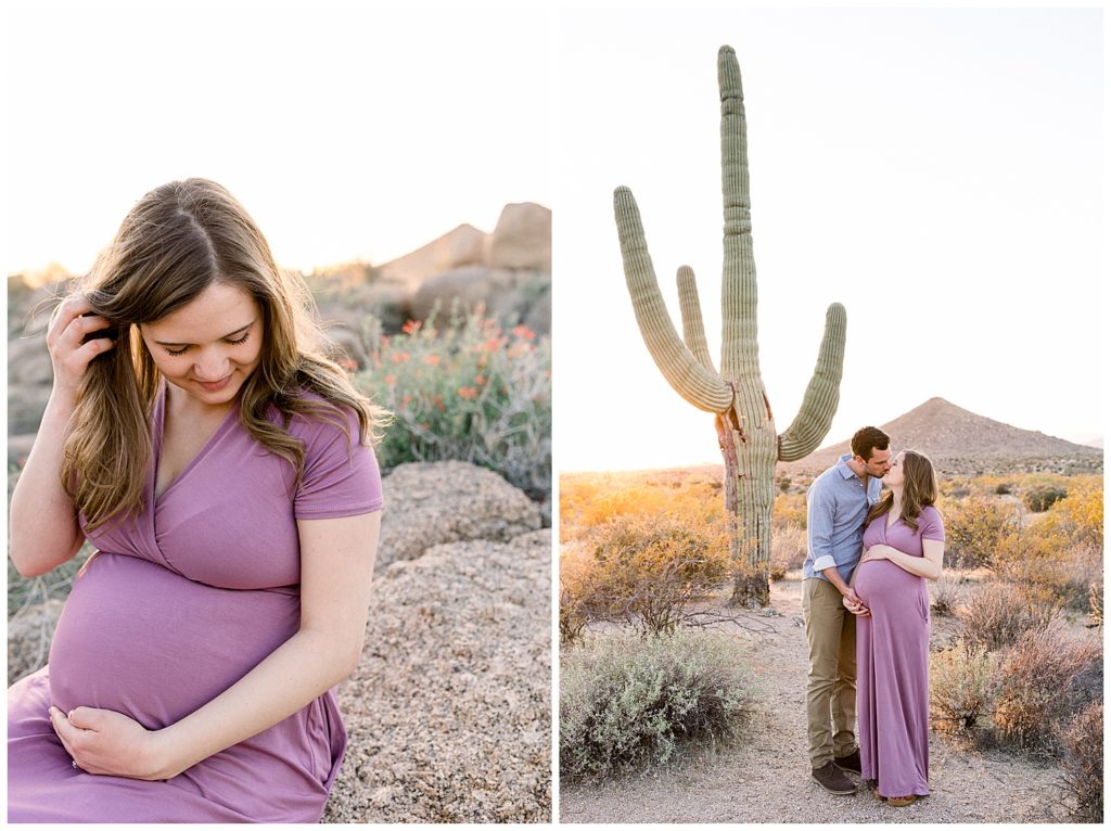 Scottsdale Arizona Maternity session near saguaros and boulders