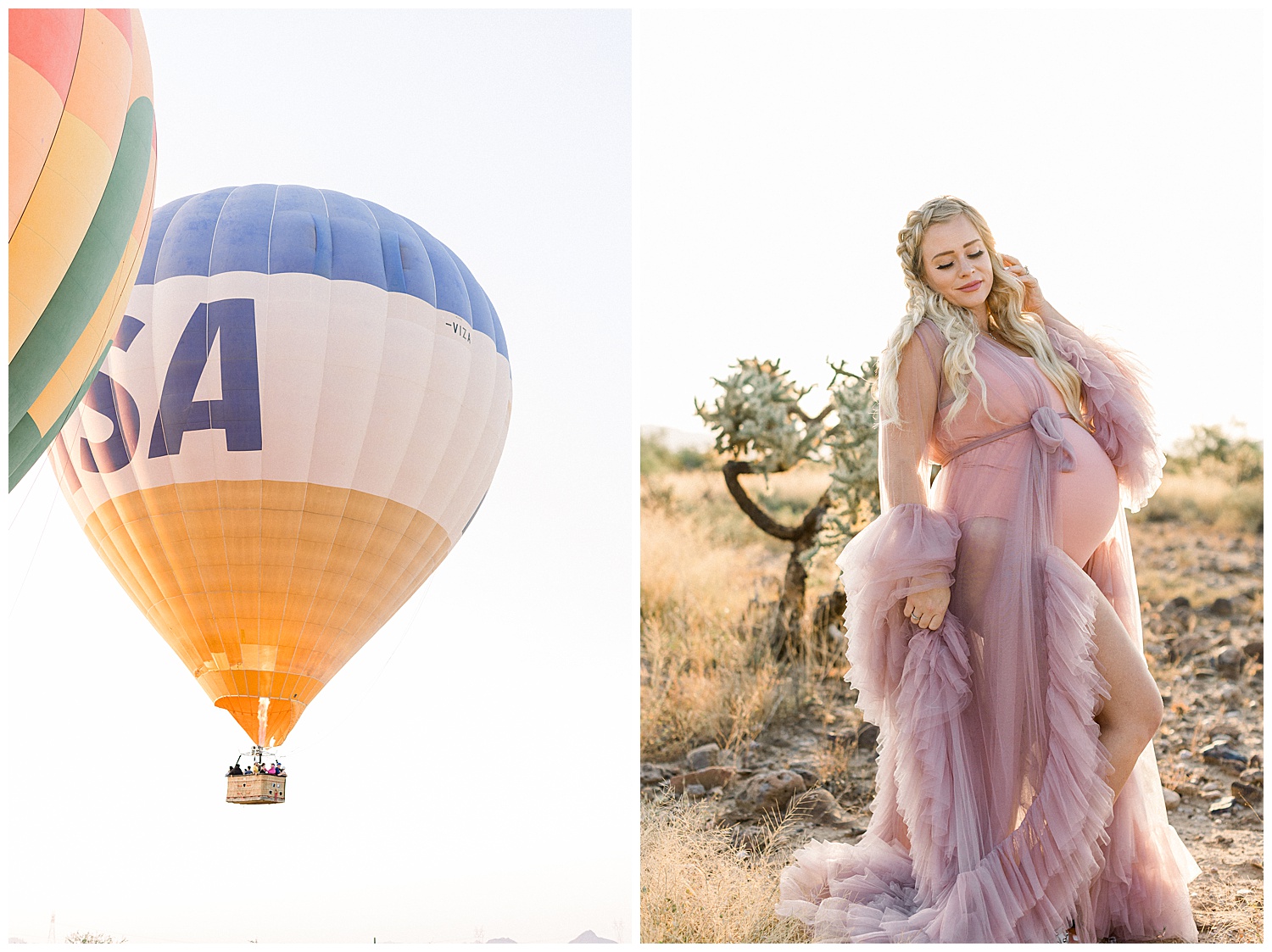 Maternity Session with Hot Air Balloons in the Desert with Pink Gown