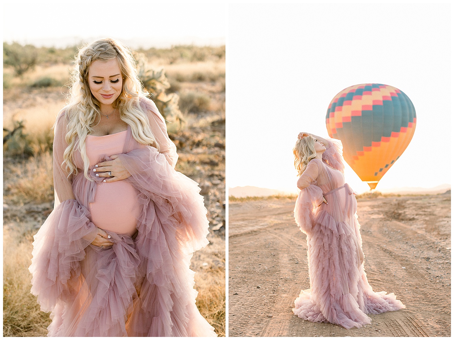 Hot Air Balloon Maternity Session in the Desert with Pink Gown Phoenix Arizona