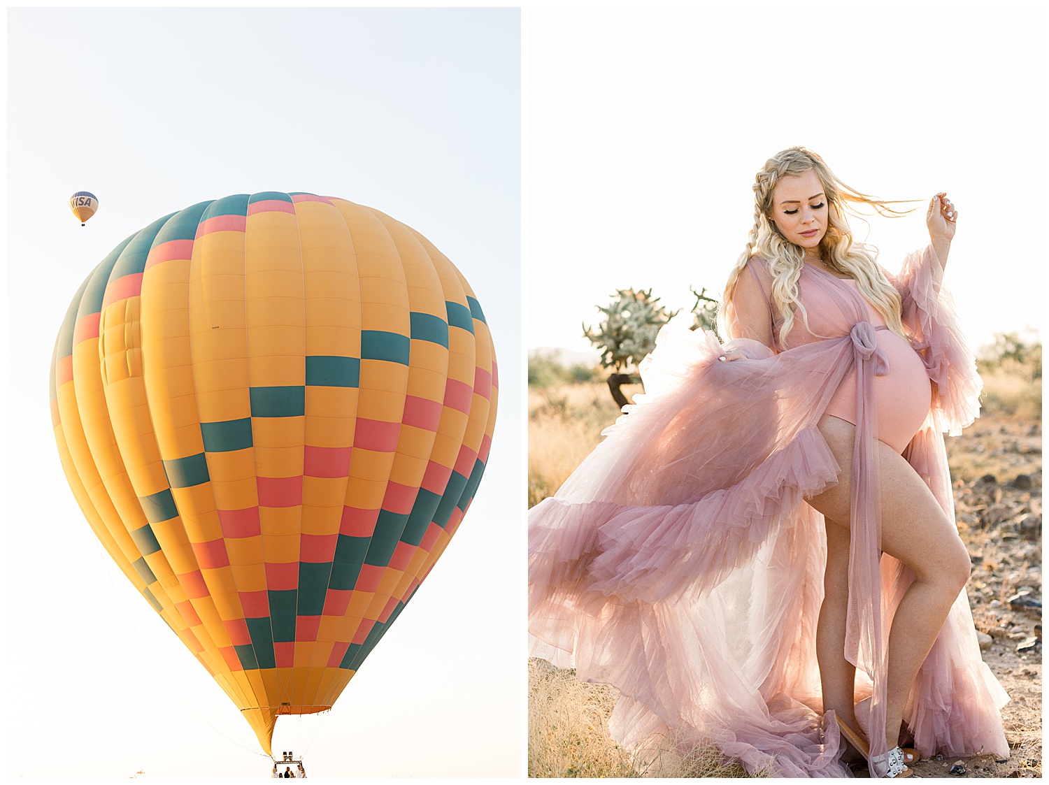 Hot Air Balloons for Maternity Session in Phoenix Arizona Desert, Pink Gown