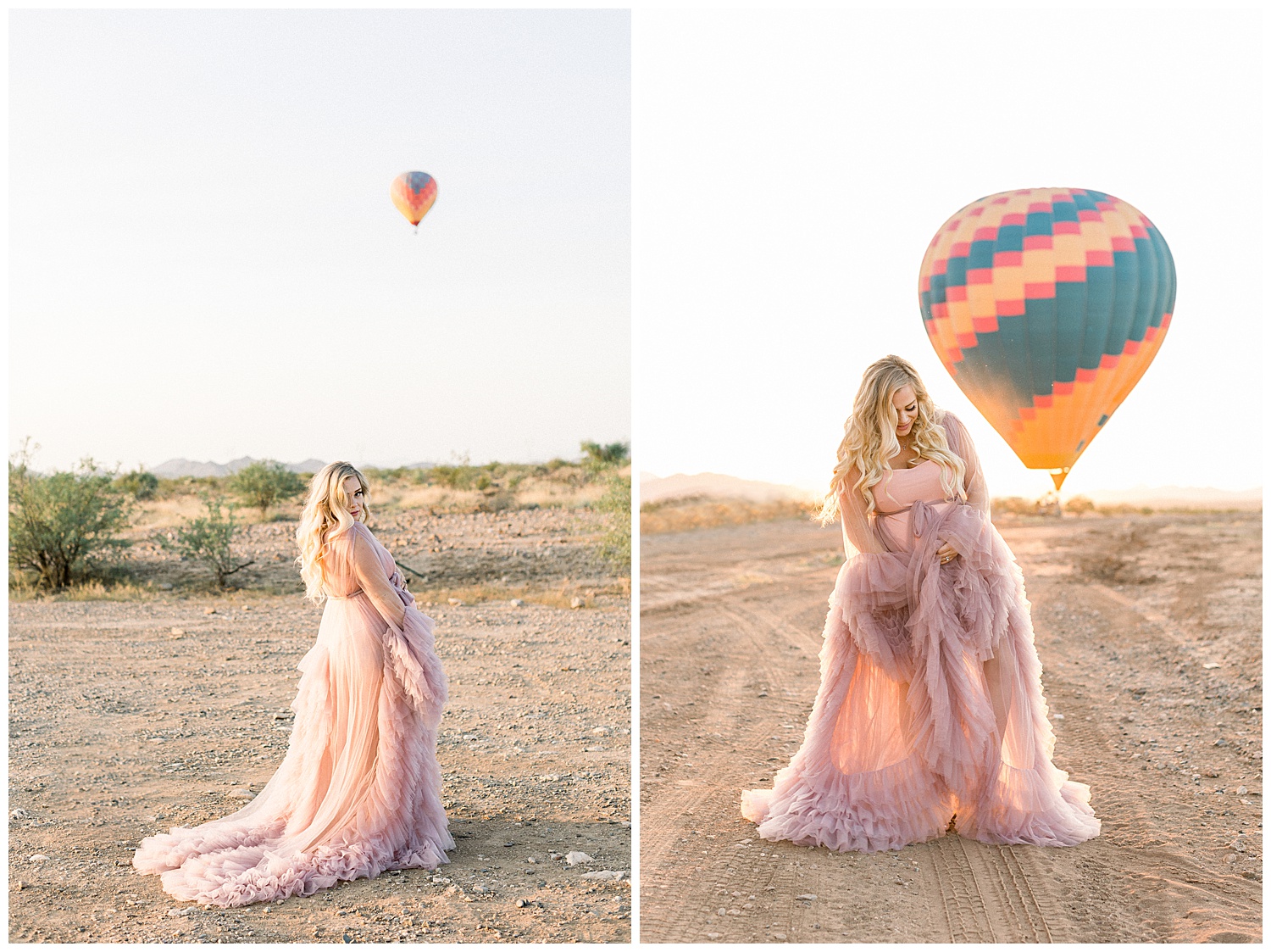 Maternity Session Desert Gown with Hot Air Expedition Balloons