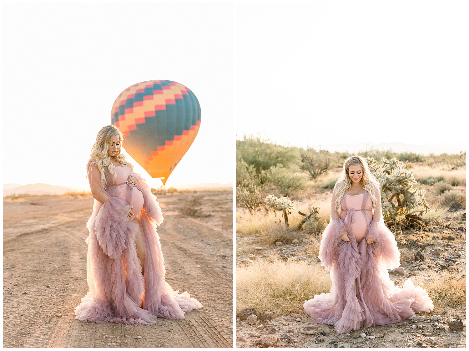 Maternity Session with Hot Air Expedition Balloons in Desert Gown Pink