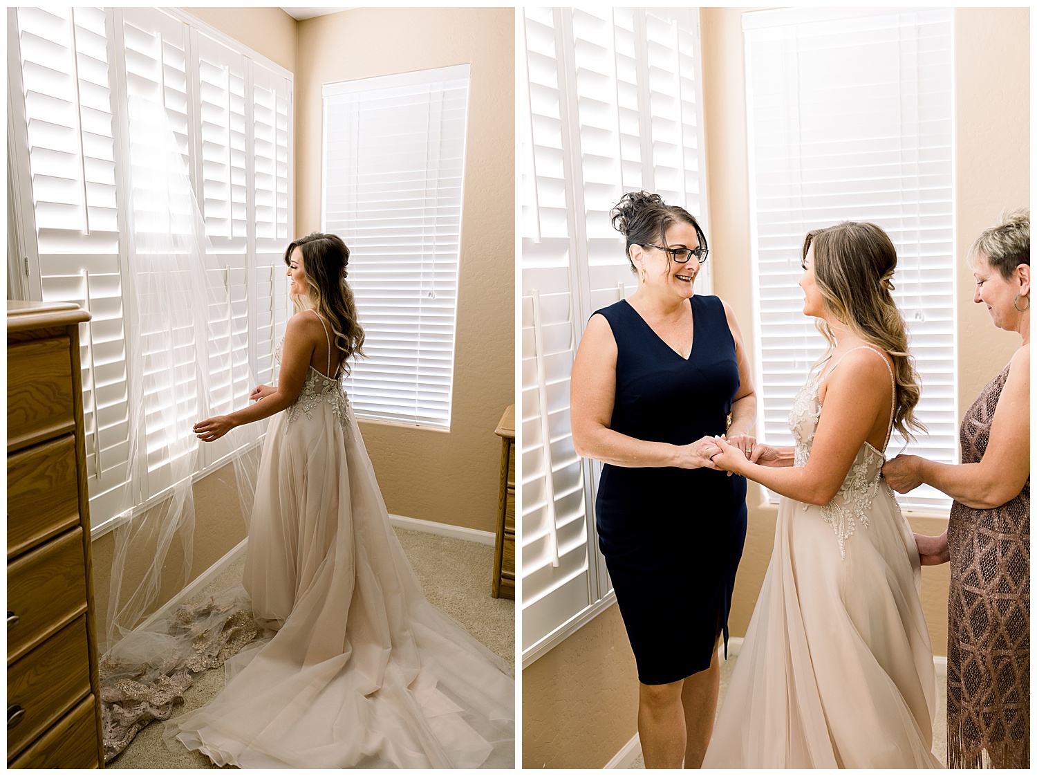Mother and mother of the groom helping bride into her dress. Bride looking at her veil, estate wedding in Arizona