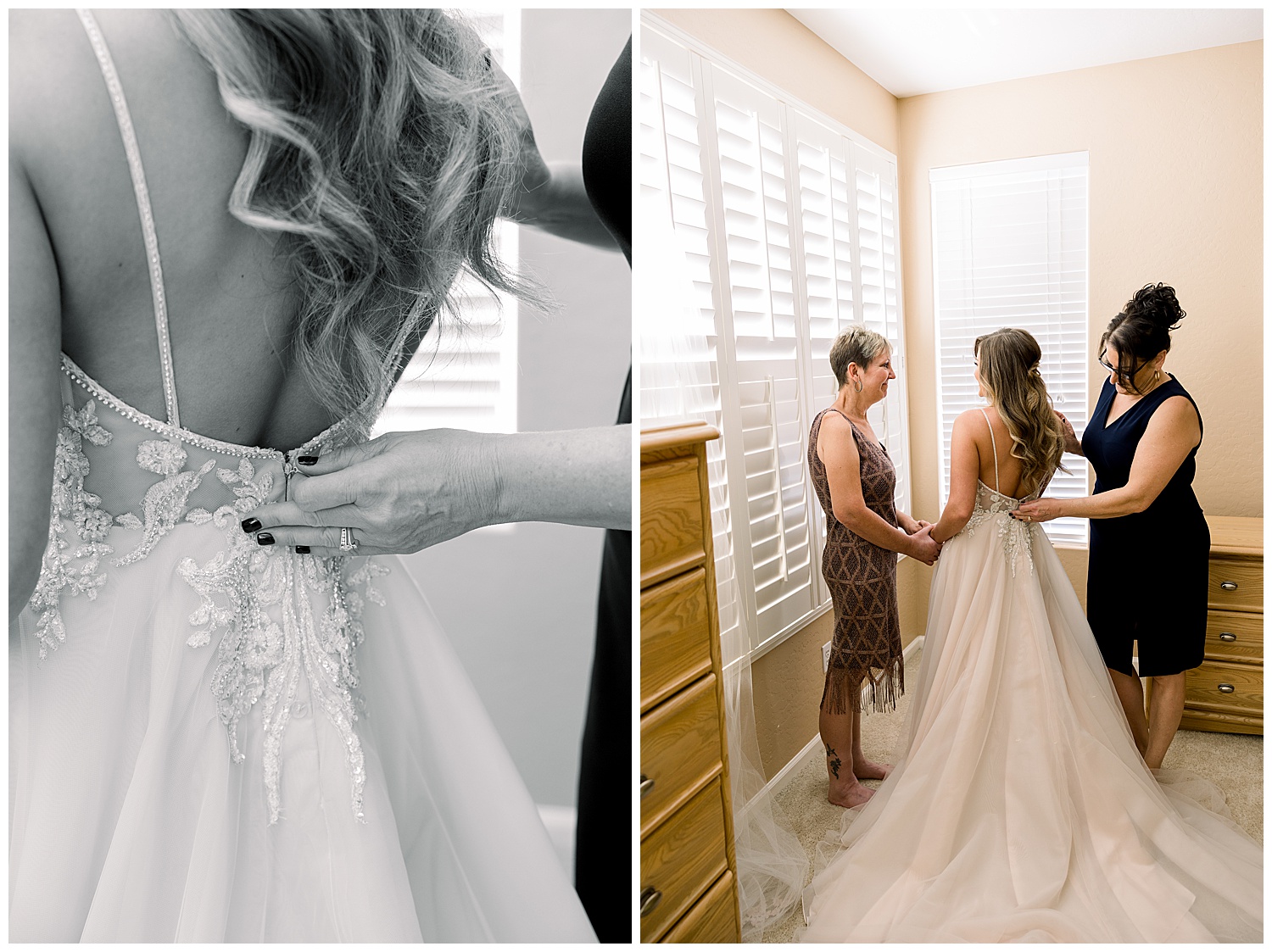 Bride getting in her dress with mother and mother of the groom, Estate Wedding in Arizona