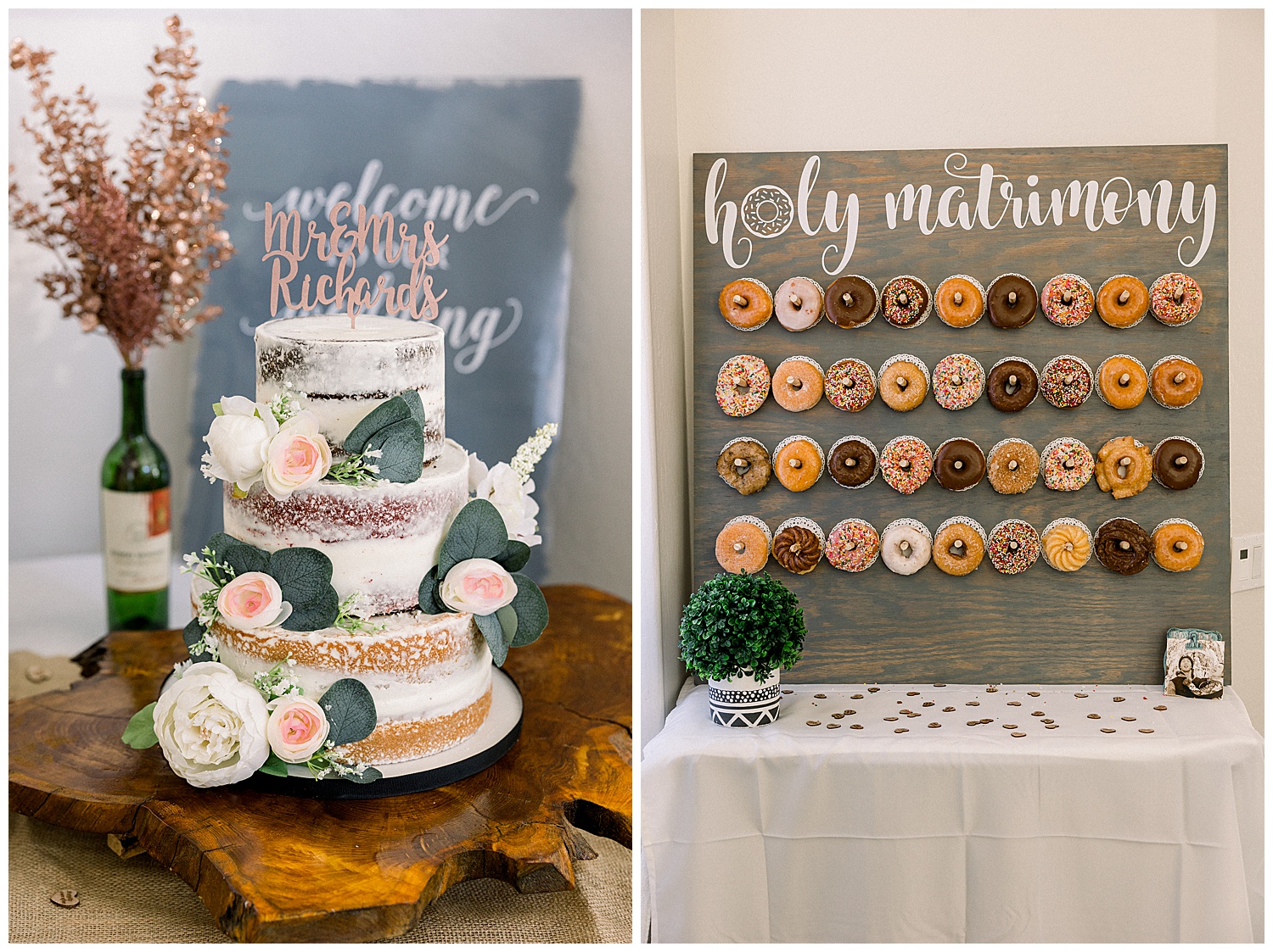 Lets kiss and cake up wedding cake, with holy matrimony donut wall