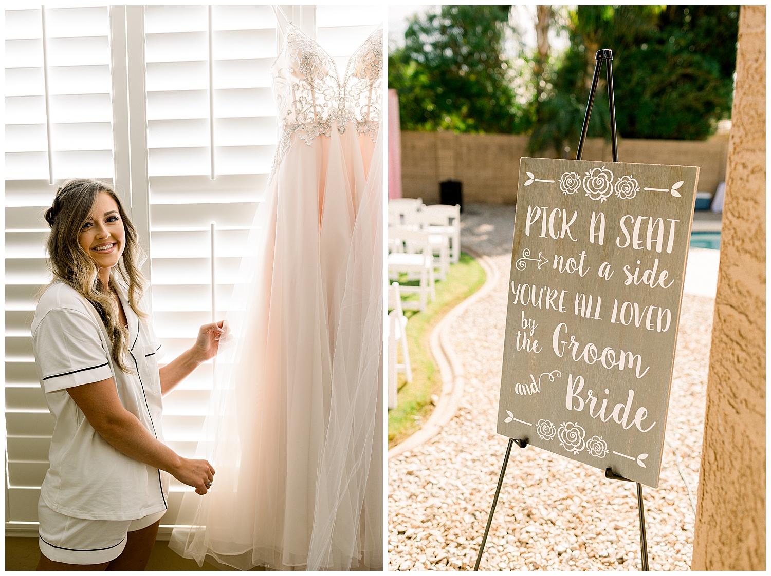Bride with her dress at intimate estate wedding in Arizona