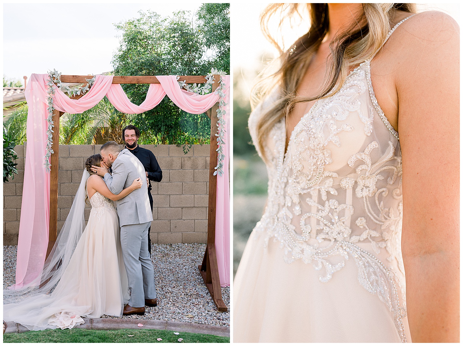first kiss and bridal gown of desert estate wedding