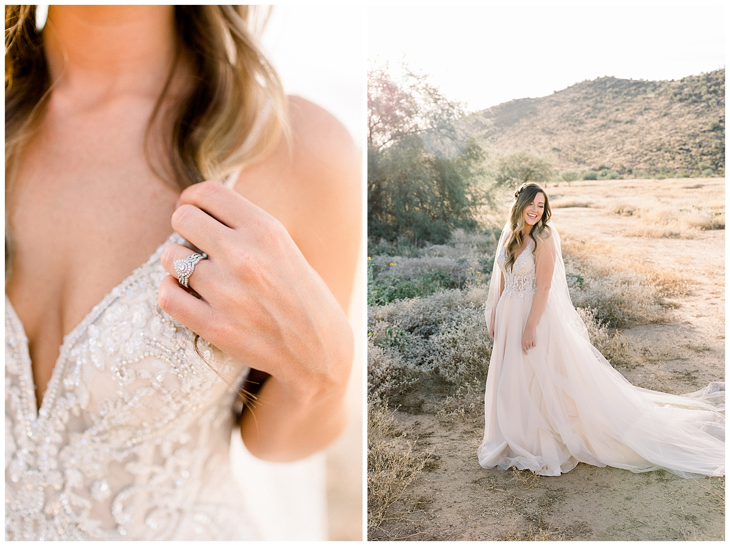 Bodice and Ring of bride during intimate desert estate wedding
