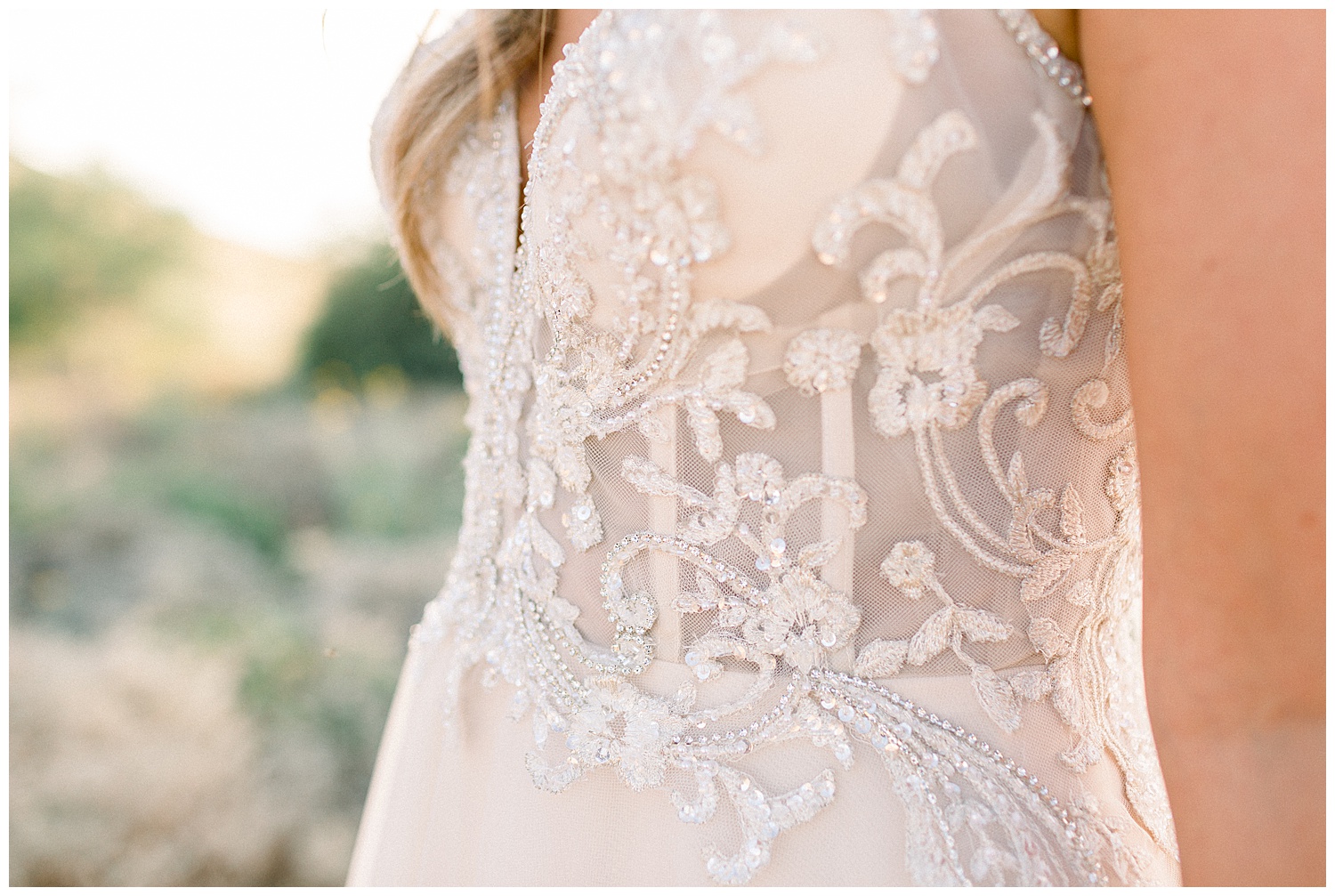 bridal gown details of bodice, intimate desert estate wedding