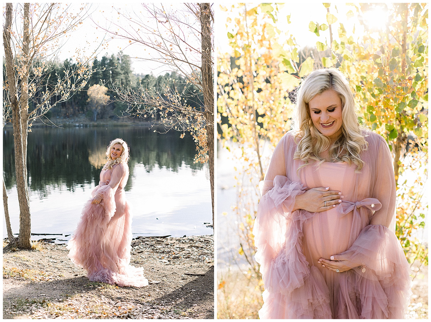 Blush gown, fall colors in Prescott Arizona maternity session