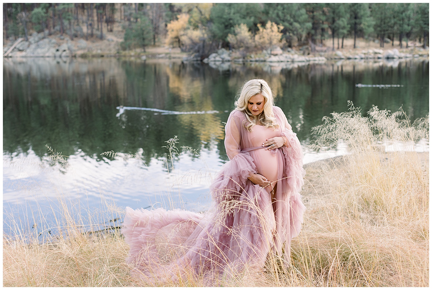 Blush gown in Prescott Arizona for Maternity Session in the forest