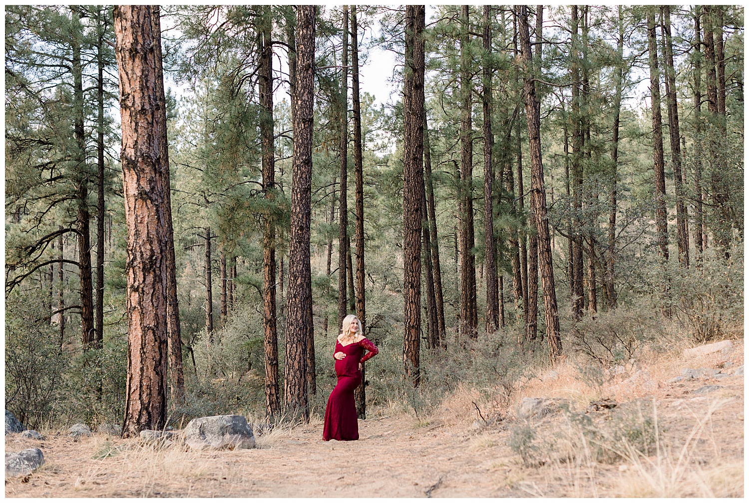 Maternity session in Prescott National Forest in deep red gown