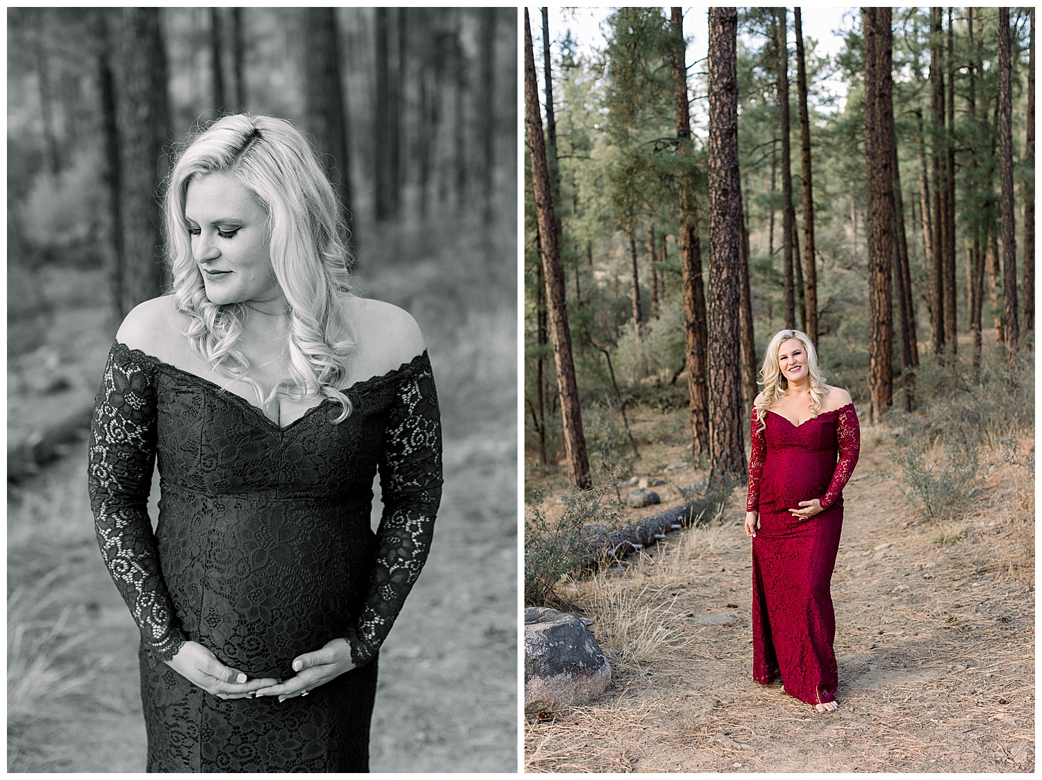 Deep red gown for winter maternity session in the forest of Prescott Arizona