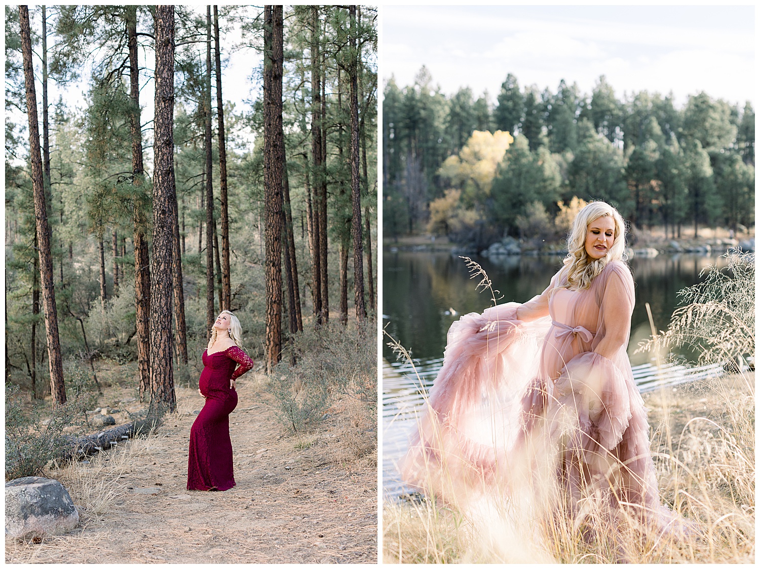 Blush and deep red gowns for forest maternity session in Prescott Arizona