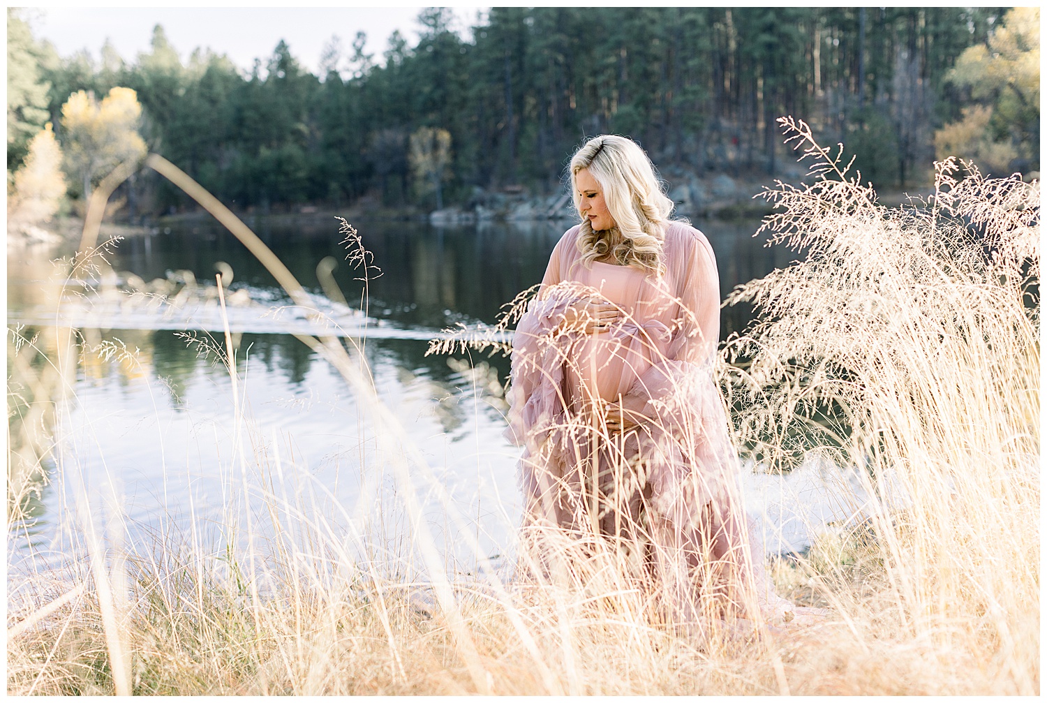 Lakeside Maternity Session in Prescott Arizona with blush gown