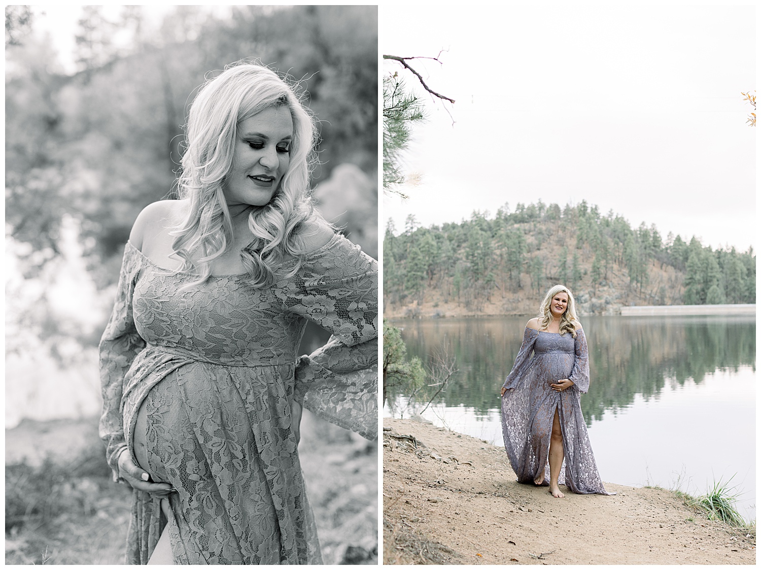 Purple Lace gown for forest Maternity Session in Prescott Arizona