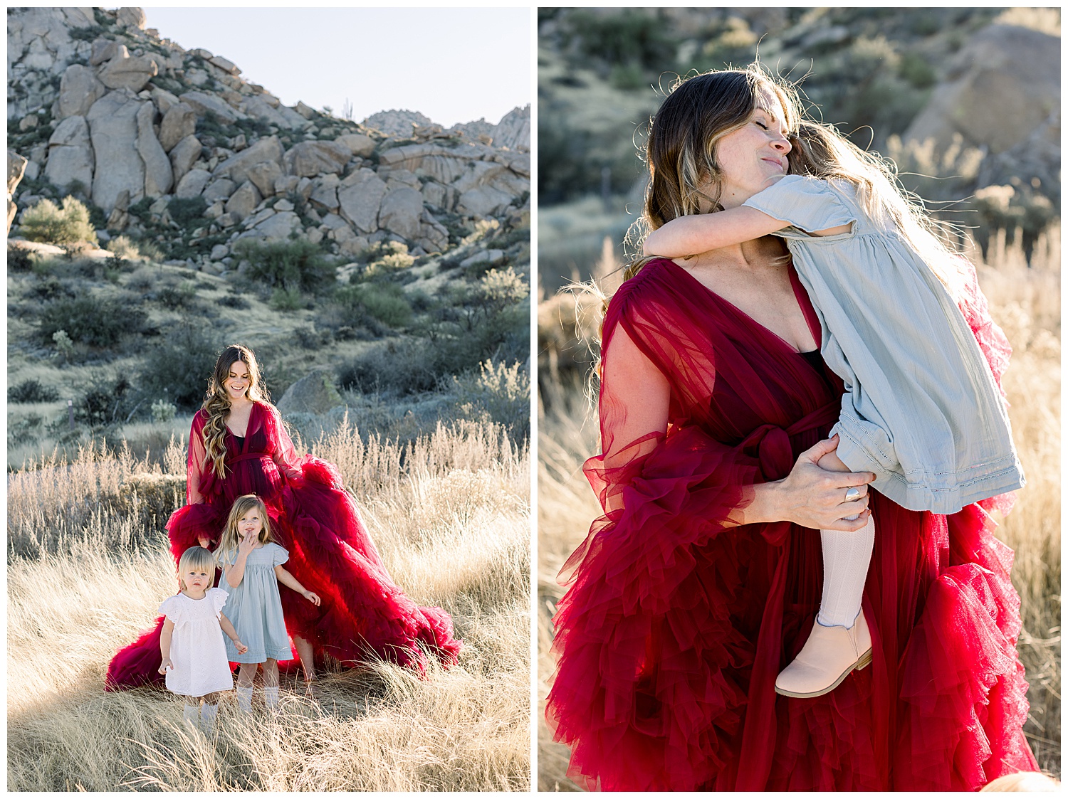 Glam Gown by desert gowns, burgundy red robe, Scottsdale Maternity Session