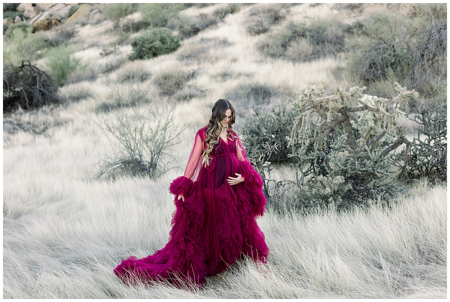 Desert Gowns burgundy robe, glam maternity session in Scottsdale Arizona Desert