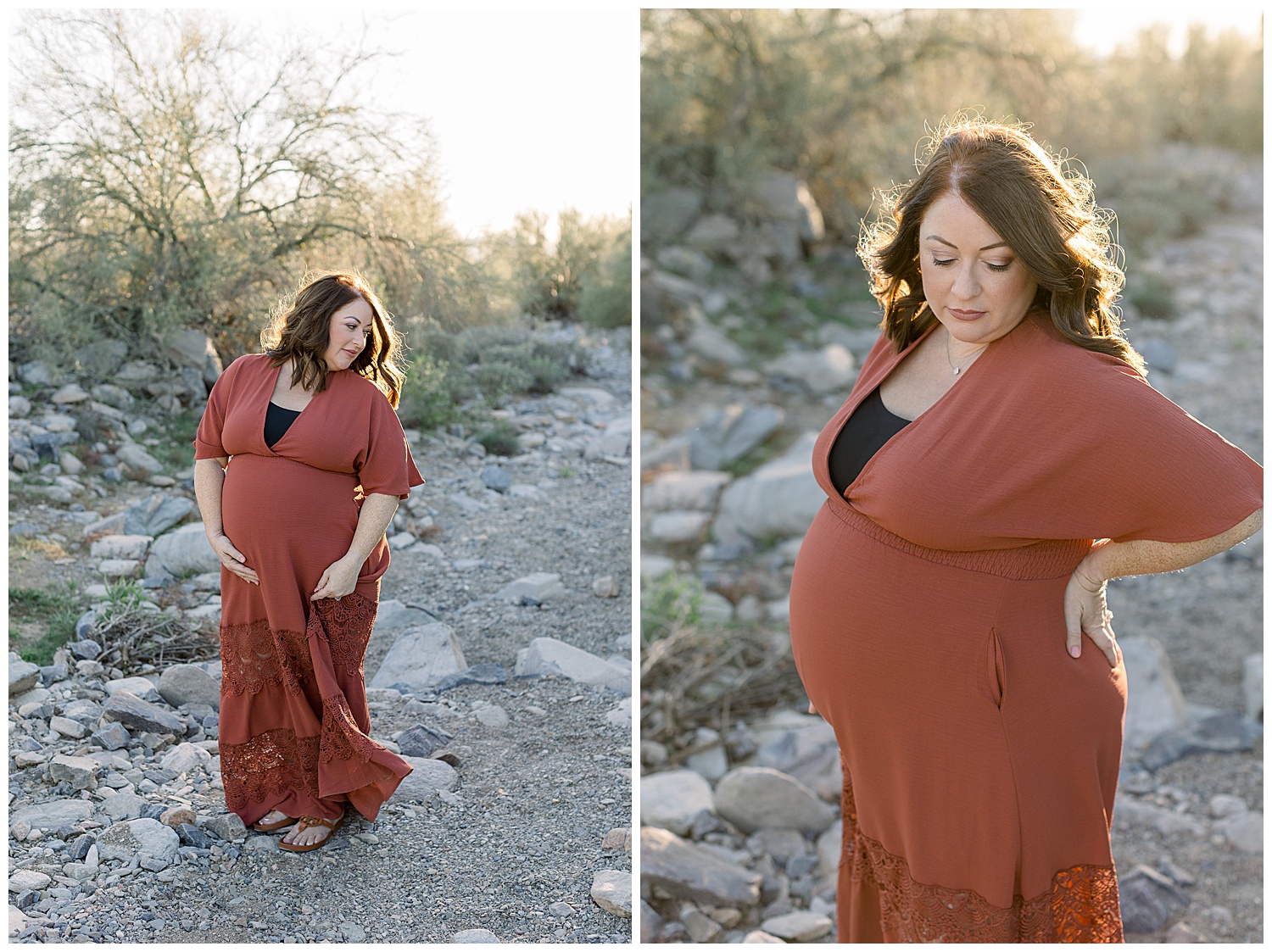 Scottsdale Arizona Maternity Session in the Desert, Arizona Maternity Photos, Rust colored dress