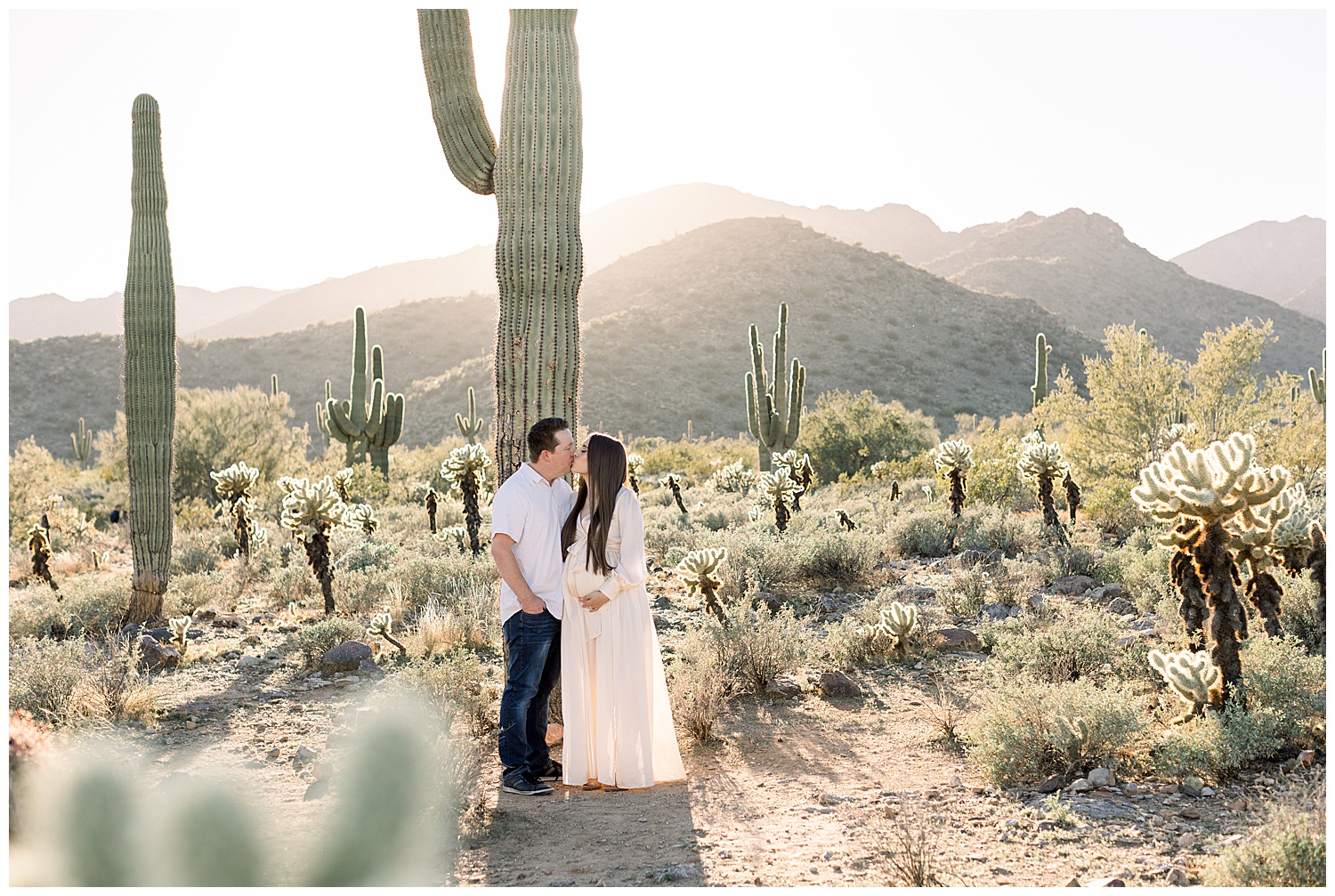 Sunset Arizona Maternity Session in the Desert, ivory gown, saguaros