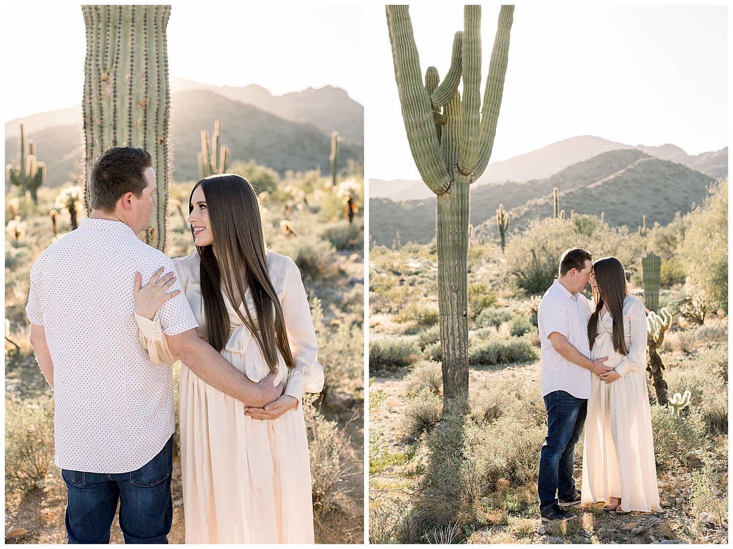 Arizona Desert Maternity Session in the glowing golden hour, ivory gown,