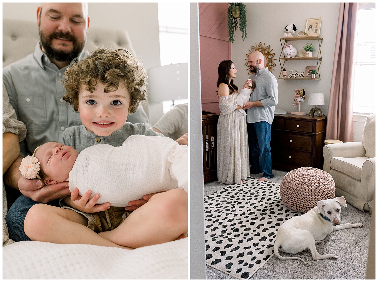 brand new big brother holding baby sister, in home Arizona Newborn lifestyle session, pink and neutral nursery with puppy