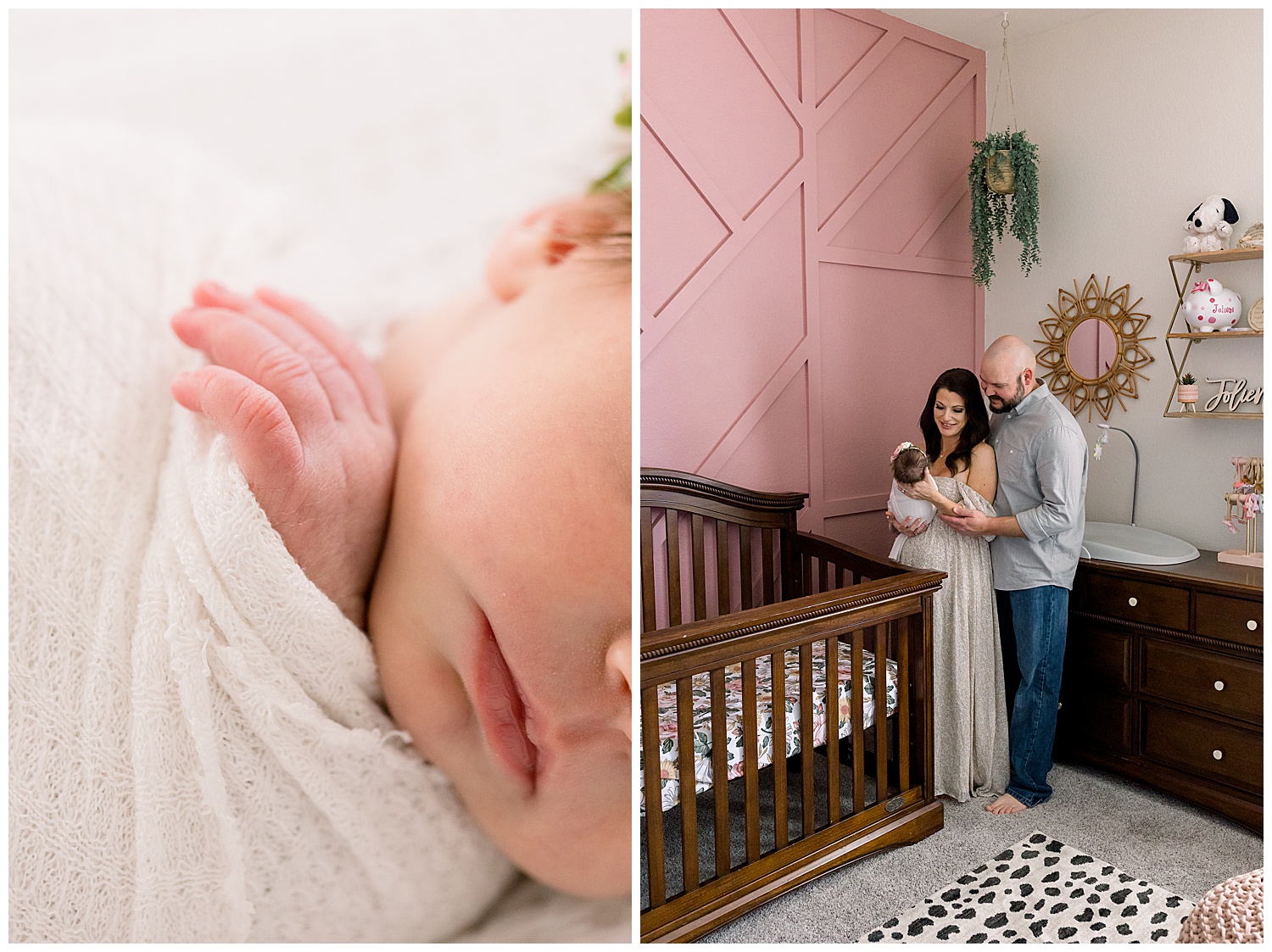 Details of baby's hands during arizona lifestyle newborn session, pink and neutral nursery for rainbow baby girl