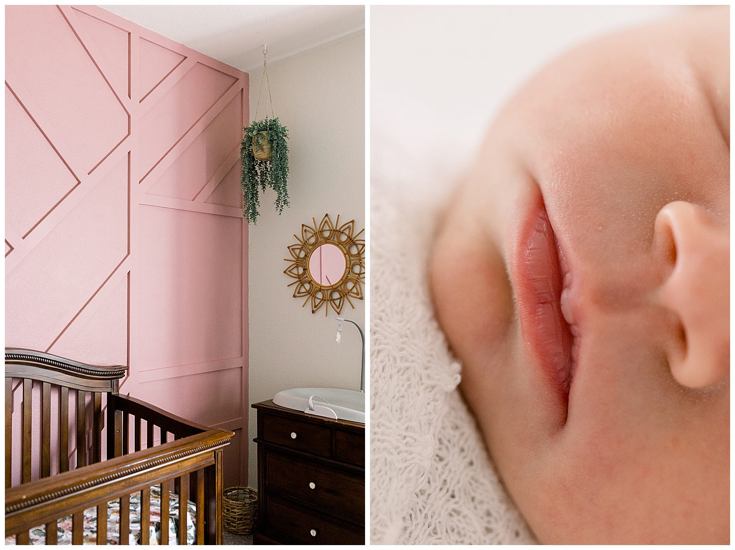 Pink board and batten nursery wall feature, Arizona lifestyle newborn session, details of baby's lips