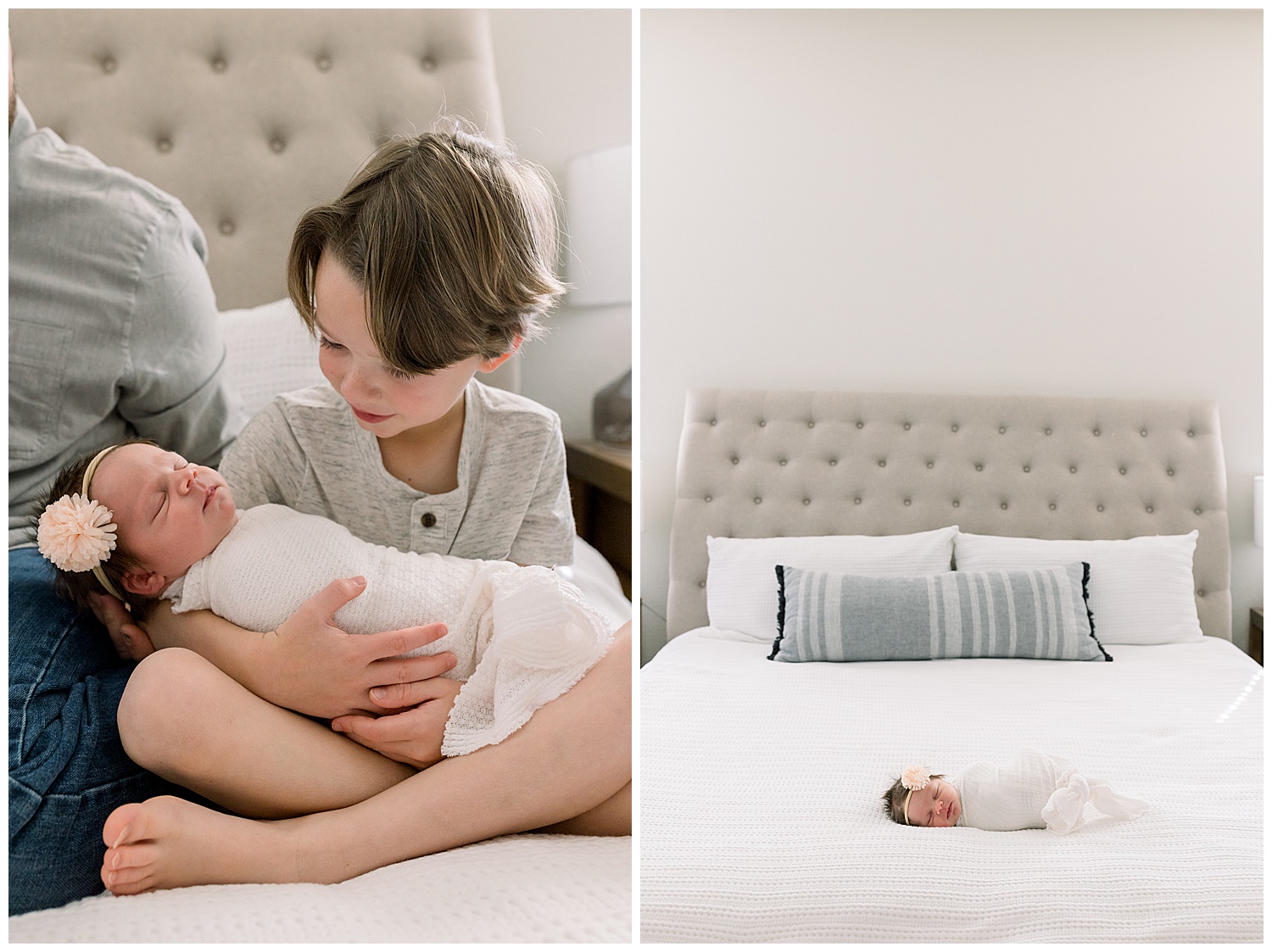 Middle brother holding baby sister during lifestyle newborn session in client home, neutral color palette