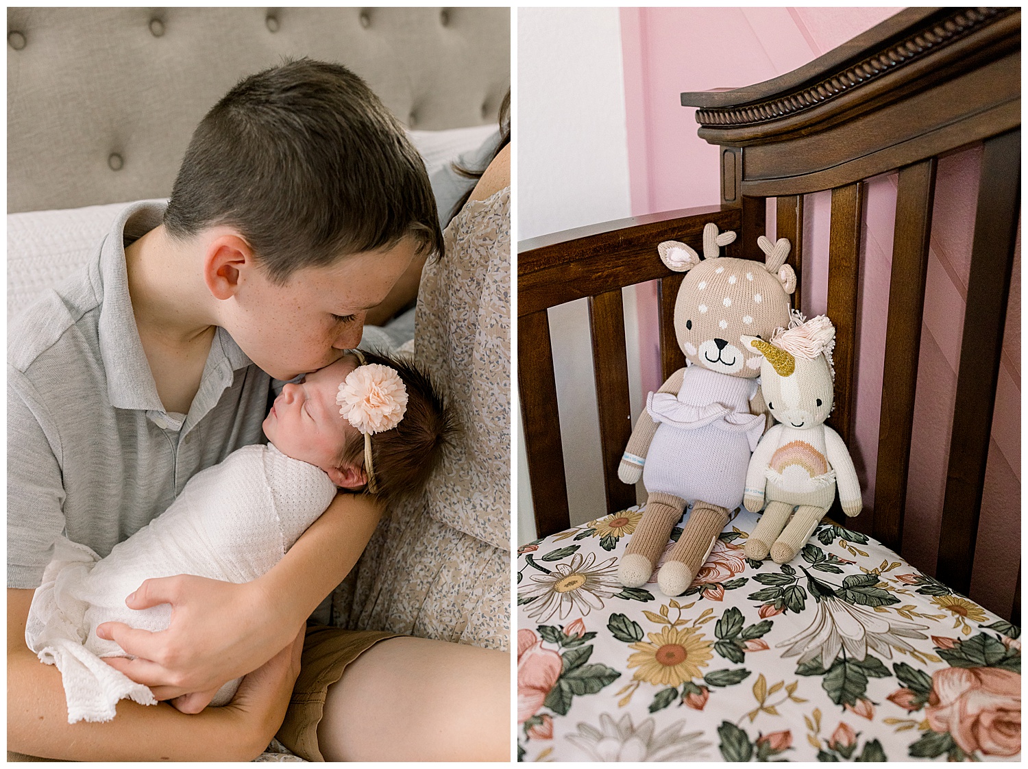 Big brother holding baby sister for newborn lifestyle session, rainbow baby