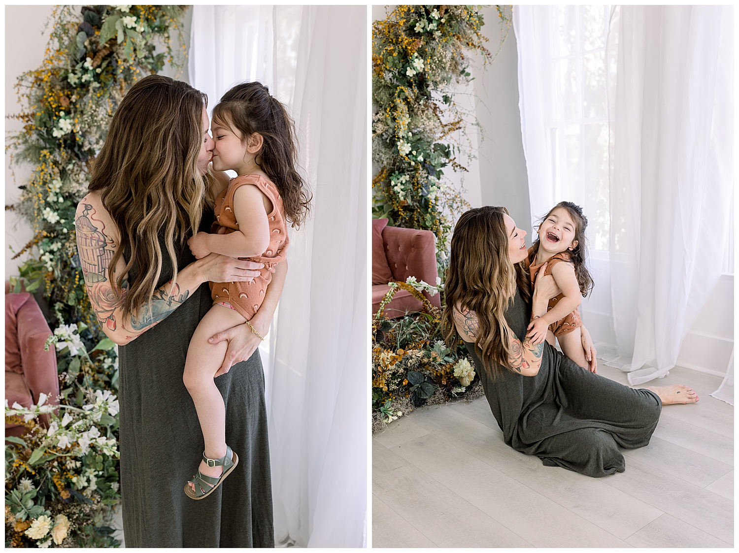 Mommy and me mini sessions in Phoenix Arizona by Trisha Rose Photography, floral setup in studio