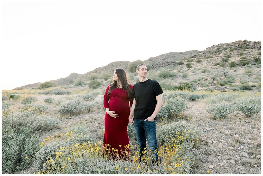 Husband and Wife in the wildflowers of the desert during Maternity session. Buckeye, Arizona